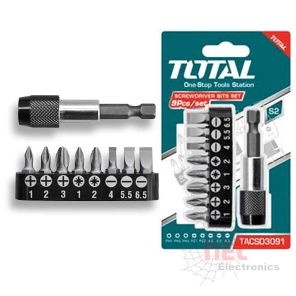 حامل سنون مفك اتوماتيك توتال 9 قطع عالي الجودة للاستخدام اليدوي والميكانيكيTOTAL automatic screwdriver bit holder 9-piece set for manual and mechanical use