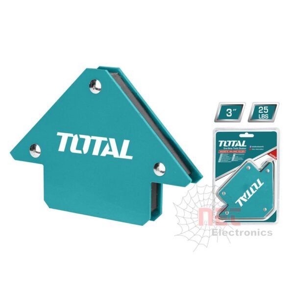 حامل لحام مغناطيسي مثلث 3 بوصة توتال مثبت على قطعة حديدية أثناء اللحام3-inch Total magnetic welding holder triangle attached to metal piece during welding