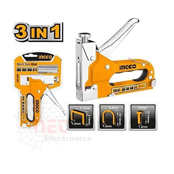 دباسة يدوي 3-1 INGCO HSG1405 متعددة الاستخدام تظهر تصميم أداة تدبيس يدوية قوية مناسبة للأخشاب والمفروشات وأعمال التنجيدINGCO 3-in-1 hand stapler HSG1405 showing a durable manual staple gun designed for woodworking, upholstery, and multi-purpose fastening tasks