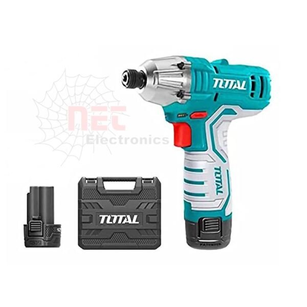 دريل شحن 12 فولت TOTAL مزدوج البطارية لأداء قوي ومريح للمنزل وورش العملTOTAL 12V Cordless Drill with dual batteries for powerful and comfortable home and workshop use