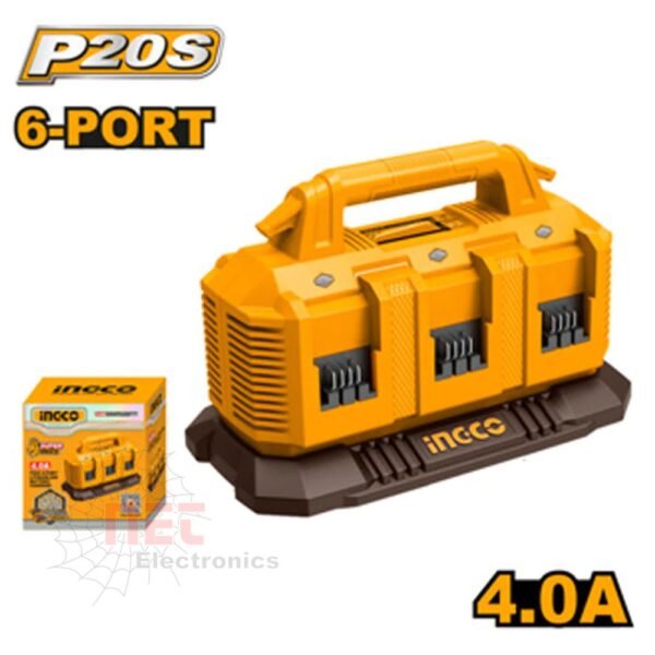 شاحن بطاريات 20V متعدد المخارج INGCO مع 6 منافذ لشحن البطاريات بسرعة وأمانINGCO 20V Multi-Port Battery Charger with 6 ports for fast and safe battery charging
