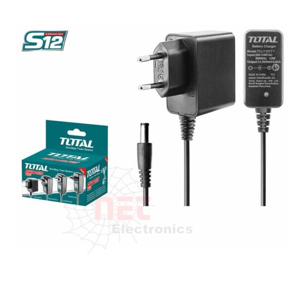 شاحن بطارية 12 فولت TOTAL عالي الجودة مع أدابتور متوافق وشاشة عرض لحالة الشحن.High-quality Total 12V battery charger with compatible adapter and charging status display.