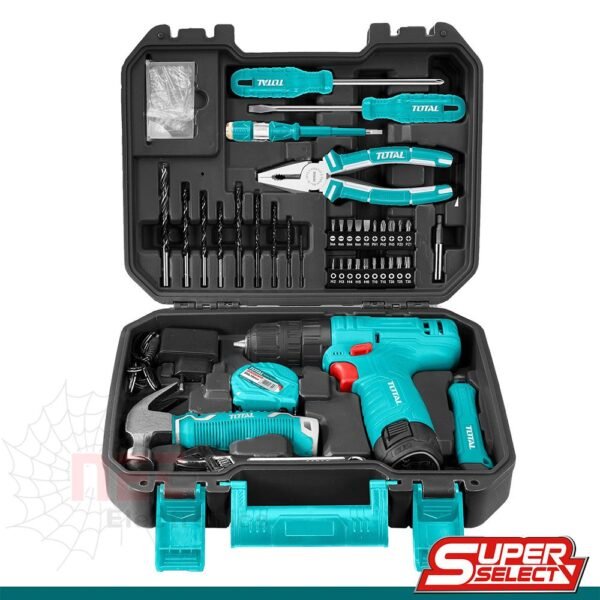 شنطة عدة طقم ماكيتا 12V 81 قطعة تحتوي على أدوات كهربائية متنوعة مثل مفكات وبنسات بحجم 10 ملم مناسبة للاستخدام المنزلي والمهني.Makita 12V tool kit bag with 81 pieces including various electrical tools such as screwdrivers and pliers sized 10mm, suitable for both home and professional use.