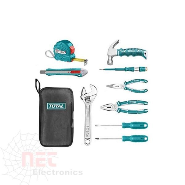 شنطة عدة يدوية TOTAL 11 قطعة مرتبة بشكل مرتب مع أدوات يدوية متنوعة.TOTAL 11-piece hand tool kit neatly arranged with various hand tools.