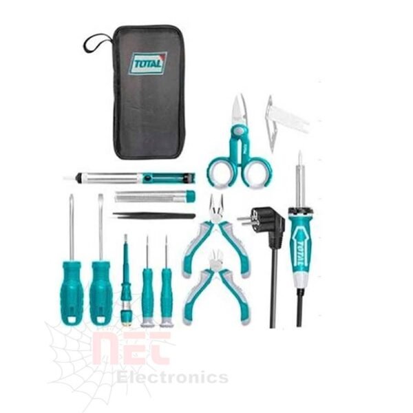 شنطة عدة يدوية 13 قطعة إلكترونيات TOTAL تحتوي على أدوات صيانة دقيقة وعالية الجودة.13-Piece TOTAL Electronics Hand Tool Kit containing precise and high-quality repair tools.