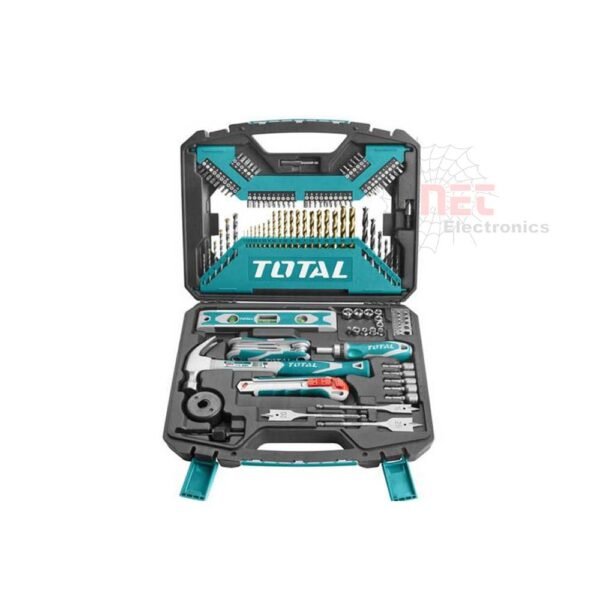 "شنطة عدة يدوية 118 قطعة TOTAL مع أدوات متنوعة ومقبض حمل متين""TOTAL 118-piece hand tool kit with various tools and sturdy carrying handle"