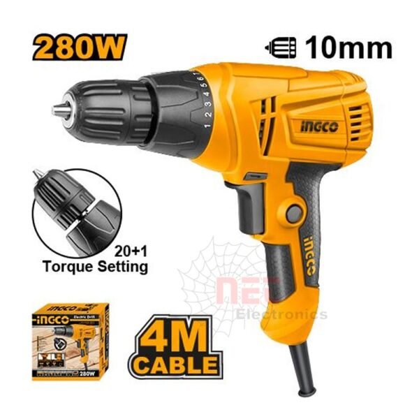 شنيور كهربائي 10 ملم INGCO مع تصميم مريح وقوي لأعمال الفك والربط الأوتوماتيكINGCO 10mm Electric Drill with ergonomic and powerful design for automatic screw tightening and loosening