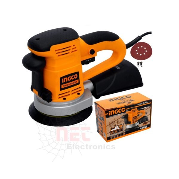 صنفرة دائرية INGCO 450 واط RS4501.2 مقاس 5 و6 بوصة أداة صنفرة كهربائية احترافية لتنعيم الخشب والمعادنINGCO 450W random orbital sander RS4501.2 5-6 inch electric sanding tool for wood and metal finishing