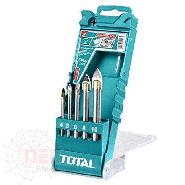 طقم بنطة تخريم زجاج توتال 5 قطع عالي الجودة للاستخدام الاحترافي في تخريم الزجاج بدقة ومتانة.Total 5-piece glass drilling bit set, high-quality professional tool for precise and durable glass drilling.