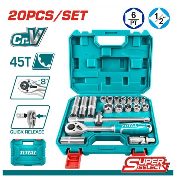 طقم لقم رباط 1/2 بوصة TOTAL في علبة بلاستيك مع 20 قطعة مرتبةTOTAL 1/2 inch ratchet socket set in plastic case with 20 organized pieces