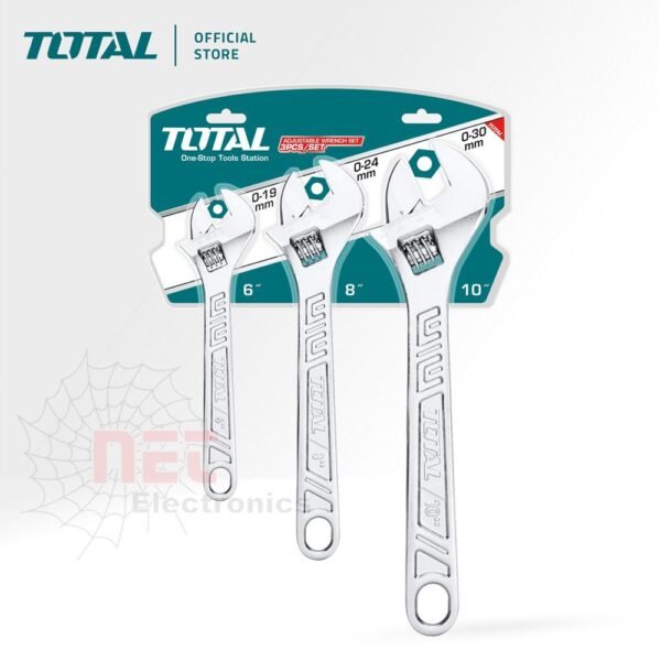 "طقم مفاتيح فرنساوي توتال 3 قطع بأحجام 6 و8 و10 بوصة، أدوات يدوية قوية وعالية الجودة""Total 3-piece adjustable wrench set in 6, 8, and 10 inches sizes, durable and high-quality hand tools"
