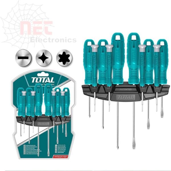 طقم مفكات 10 قطع TOTAL مع مفكات متنوعة وأدوات يدوية عالية الجودةTotal 10-piece screwdriver set with various screwdrivers and high-quality hand tools