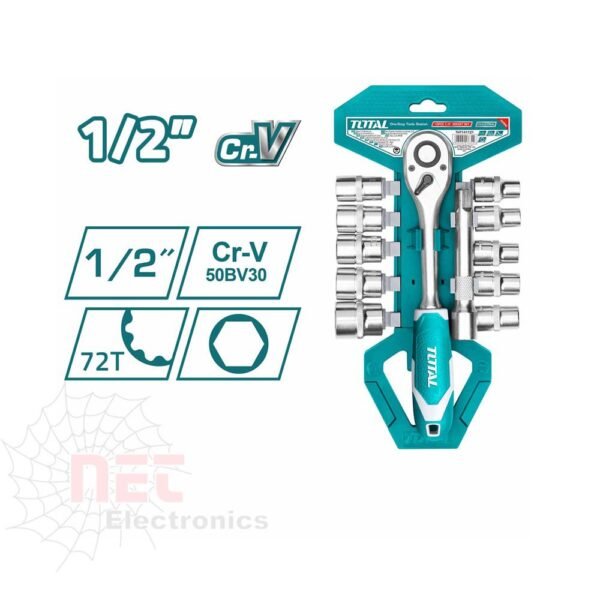 طقم لقم 1/2 بوصة بيد سيستيم TOTAL مكون من 12 قطعة عالية الجودة لأعمال الفك والتركيب.TOTAL 12-piece 1/2 inch bit set with bit system, high-quality tools for disassembly and assembly tasks.