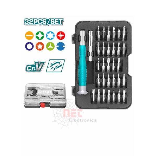 طقم مفكات سنون 32 قطعة TOTAL مع مقابض بلاستيكية متينةTotal 32-piece Phillips screwdriver set with durable plastic handles