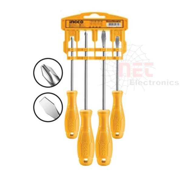 طقم مفكات 4 قطع INGCO عالي الجودة مناسب لأعمال الصيانة والفك والتركيب في المنزل والورشINGCO 4-piece screwdriver set, high-quality hand tool kit for home and workshop repair, assembly and maintenance tasks