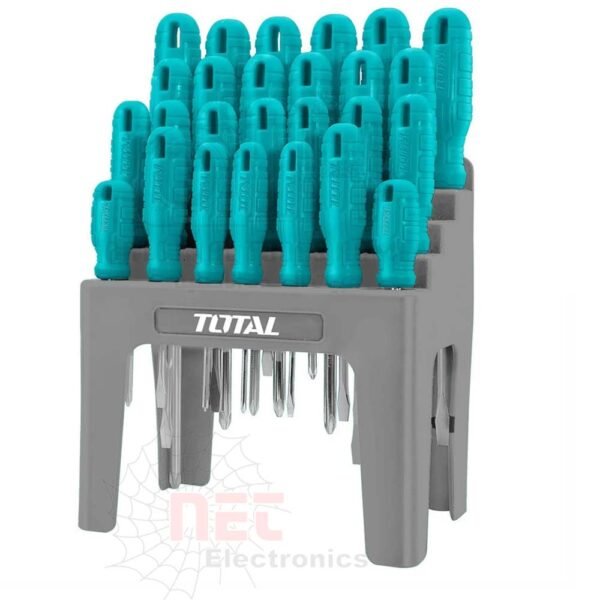 "طقم مفكات يد بلاستيك 26 قطعة TOTAL مع مقابض ملونة ومختلفة الأحجام للاستخدام اليدوي""TOTAL 26-piece plastic hand screwdriver set with colorful handles and various sizes for manual use"