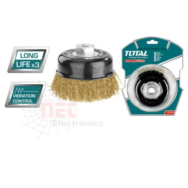 فرشة صاروخ 3 بوصة حرة سلك خدمة شاقة من TOTAL للاستخدام الصناعي والتنظيف الشاق.TOTAL 3-inch heavy-duty wire cup brush for industrial and heavy-duty cleaning use.