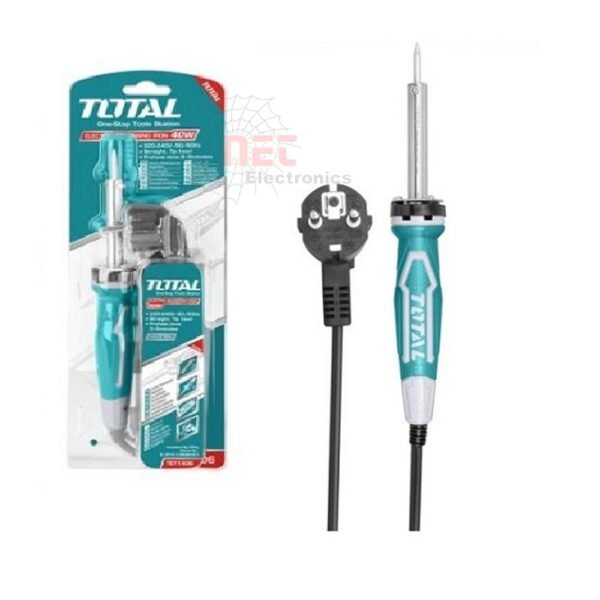 كاوية لحام 40 وات توتال TOTAL بحجم صغير وتصميم مريح للاستخدام الكهربائي الدقيق.40W TOTAL soldering iron with compact size and ergonomic design for precise electrical use.