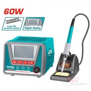 "كاوية لحام 60W بضابط حرارة TOTAL مصممة للمهام الدقيقة في اللحام الكهربائي والصيانة الإلكترونية، مع قاعدة ثابتة لسهولة الاستخدام""TOTAL 60W soldering iron with temperature control, designed for precise electronic soldering tasks, including a stable stand for easy handling"