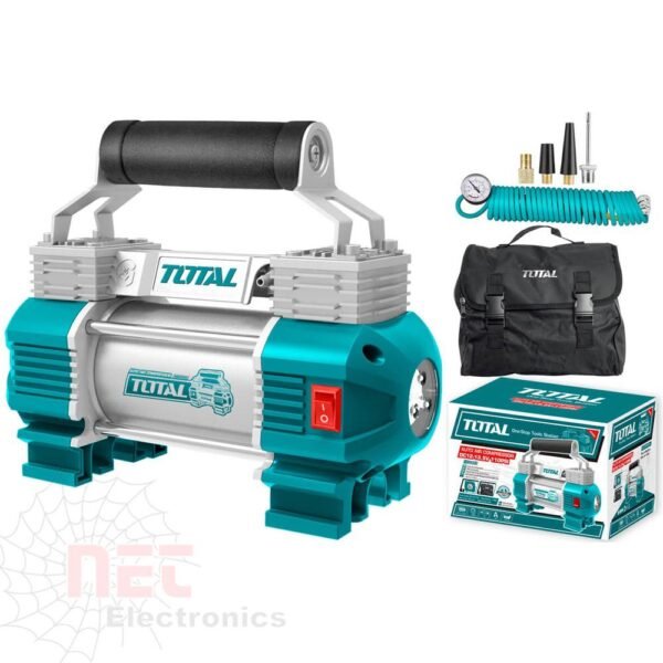 "كومبروسر بطارية سيارة 2 بيستم TOTAL مع شنطة واكسسوارات لنفخ إطارات السيارات بسهولة""TOTAL 2-piston car battery compressor with carrying case and accessories for easy tire inflation"