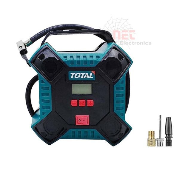 "كومبروسر سيارة ديجيتال 11 بار بتصميم مربع مع ولاعة سيارة من TOTA"TOTAL digital car compressor 11 bar with square design and car lighter plug for fast and accurate air inflation"L لضغط هواء سريع ودقيق"