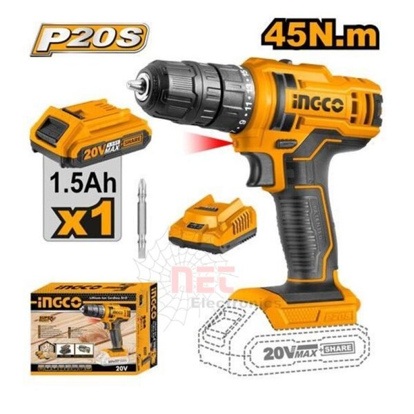 شنيور كهربائي 20V INGCO مع بطارية 10 ملم للاستخدام المنزلي والمهنيINGCO 20V Electric Drill with 10mm battery for home and professional use