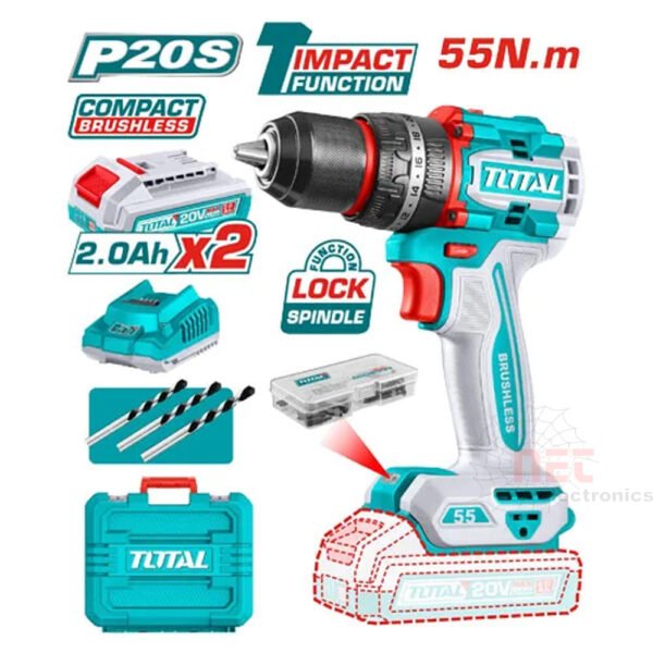 شنيور ماكيتا 20V برشليس مع بطاريتين 2 أمبير 55 نيوتن 13 ملم TOTALMakita 20V Brushless Drill with 2 Batteries 2Ah 55Nm 13mm TOTAL