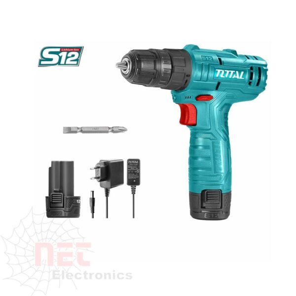 شنيور شحن 12 فولت TOTAL بلحة موديل TDLI12415 ببطارية واحدة للاستخدام المنزلي والمهنيTOTAL 12V cordless drill TDLI12415 with rechargeable battery for home and professional use
