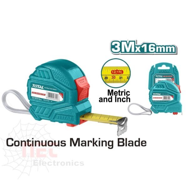 صورة متر بلاستيك 3 متر 16 مم TOTAL مع عرض دقيق وواضح للأرقام.Image of Plastic Tape Measure 3 Meter 16 mm TOTAL showing clear and precise measurements.