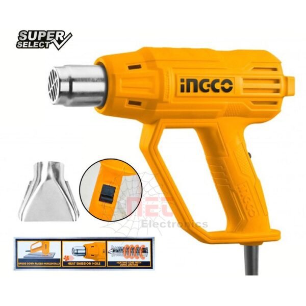 مسدس تسخين 2000 وات INGCO لتمديد الحرارة والأعمال الكهربائية المنزلية والصناعيةINGCO 2000W Heat Gun for heating, home and industrial electrical tasks