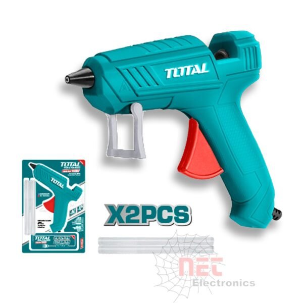 مسدس شمع توتال 100 وات للاستخدام الصناعي والمنزلي مع تصميم مريح وسلك طويل.Total 100W glue gun for industrial and home use with ergonomic design and long cord.