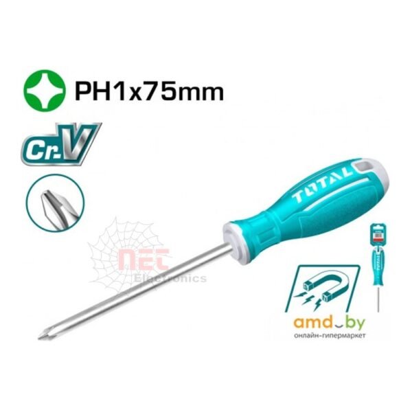 مفك يد كاوتش صليبة TOTAL 1-75 ملم مصنوع من خامات عالية الجودة لاحترافية ودقة في العملTOTAL PH1-75mm rubber handle cross screwdriver for professional precision and durability