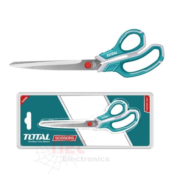 مقص اكسسوار 9 بوصة TOTAL عالي الجودة مع مقابض مريحة للاستخدام اليدوي في القطع الدقيقة.High-quality 9-inch TOTAL accessory scissors with comfortable handles for precise manual cutting.