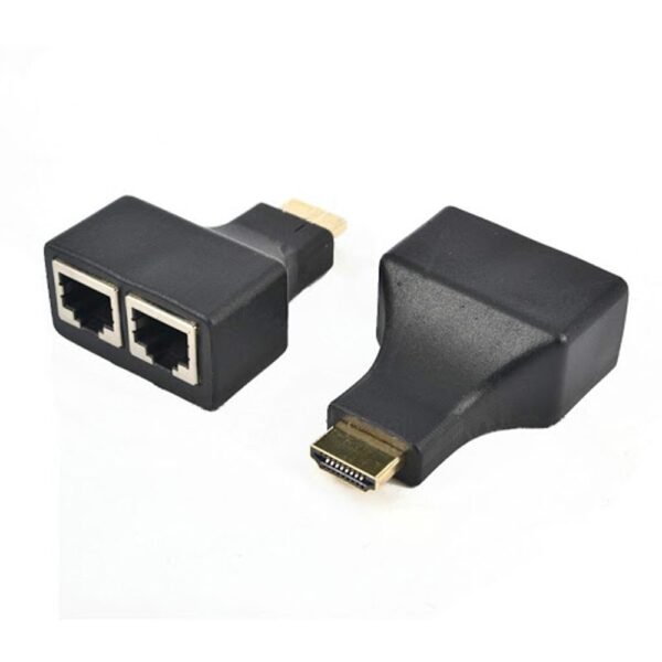 صورة توضح شكل موسع HDMI بسلك نت حتى 30 متر مع وحدتي الإرسال والاستقبال وطريقة التوصيل بكابل الشبكة.