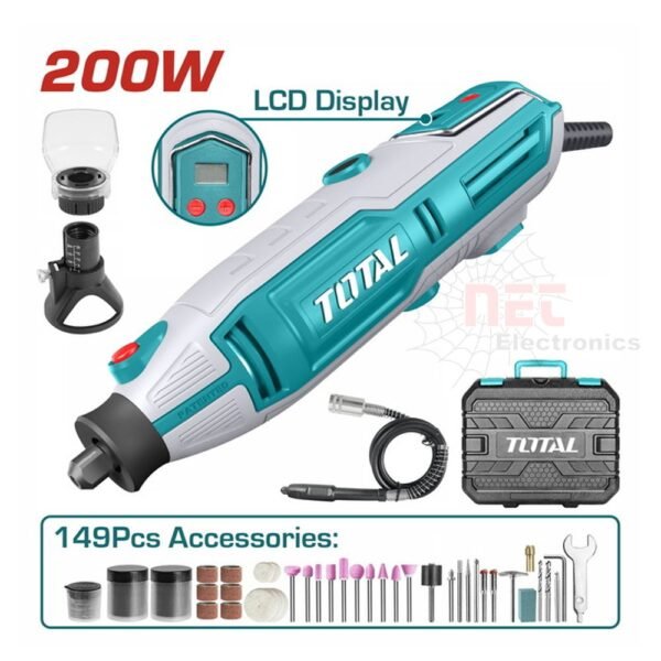 ميني كرافت توتال 200 واط ديجيتال TG2006 للأعمال الدقيقة والنقش - أداة كهربائية احترافية متعددة الاستخدامات من TOTALTOTAL 200W Digital Mini Craft TG2006 – Professional Electric Multi-Function Rotary Tool for Precision Work and Engraving