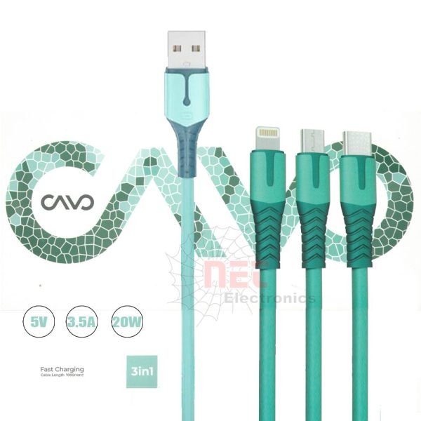 وصلة شاحن 3-1 فاست كافو لشحن جميع الأجهزة بسرعة وكفاءةCAVO 3IN1 Fast Charging Cable for charging all devices quickly and efficiently