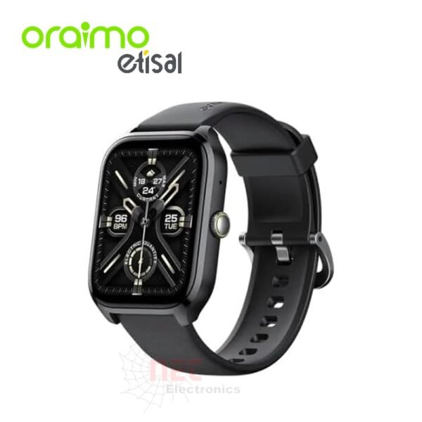 ساعة ذكية Oraimo 5 Lite Smartwatch عالية الجودة تعرض تصميم عصري وشاشة ملونة واضحة مع تتبع النشاط الرياضي ومراقبة الصحة اليومية.High-quality Oraimo 5 Lite Smartwatch showing sleek design, clear colorful display, fitness tracking, and daily health monitoring.