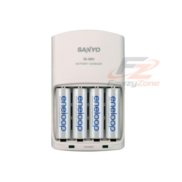 صورة شاحن بطاريات Eneloop SANYO رباعي مع بوكس حجارة الشحن وجرابات البطاريات – موديل NC-CFN06BTGImage
