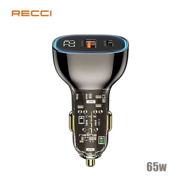 "شاحن سيارة 65 واط RECCI مع مخرجين USB لشحن سريع وآمن""RECCI 65W car charger with dual USB ports for fast and safe charging"