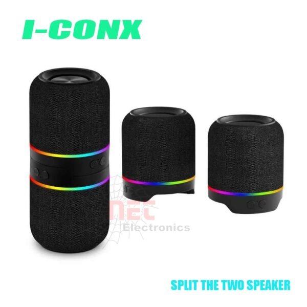 اسبيكر بلوتوث استريو قطعتين I-CONX بتصميم عصري وصوت ستيريو واضح للاستخدام المنزلي والمكتبيI-CONX Bluetooth stereo speaker set with two speakers delivering clear stereo sound for home and office use