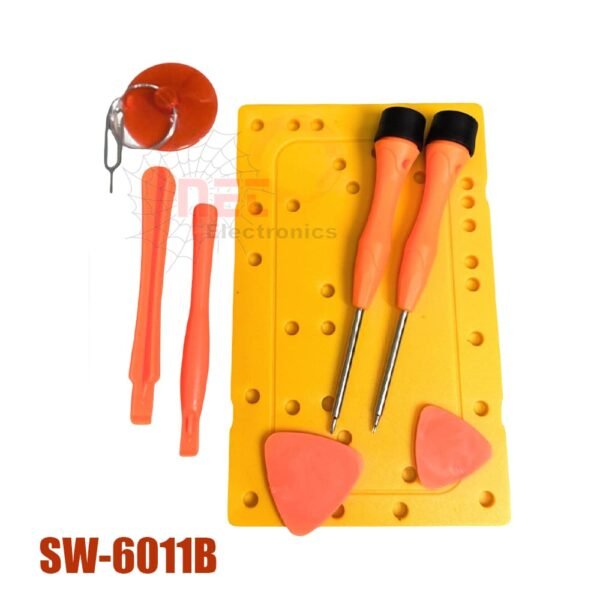 طقم مفكات صيانة موبايلات 6011 مع أدوات فتح مميزة لإصلاح الهواتف المحمولة.Mobile repair screwdriver set 6011 with premium opening tools for smartphone maintenance.