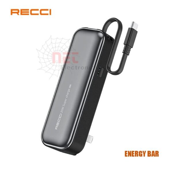 باور بانك Recci 5000 مللي أمبير أسود بتصميم صغير الحجم من سلسلة ENERGY BAR A07 مناسب للشحن اليوميRecci 5000mAh Black Power Bank ENERGY BAR A07 with compact design for daily portable charging