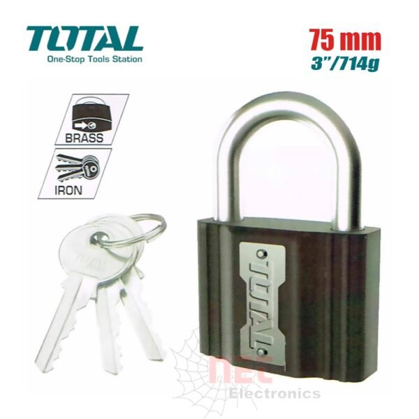 قفل زهر 75 ملم توتال بقفل معدني قوي بوزن 714 جرام، مناسب للأبواب الداخلية والخارجية.Total 75mm zinc lock, heavy-duty metal lock weighing 714 grams, ideal for interior and exterior doors.