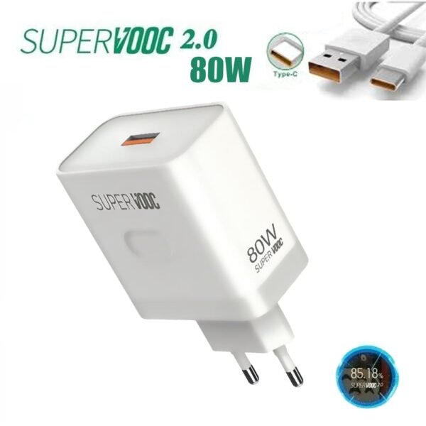 شاحن OPPO SUPER VOOC 80W سريع أصلي بتقنية الشحن الفائق مع منفذ USB-C موديل VC-02OPPO SUPER VOOC 80W fast charger original with USB-C port model VC-02 high speed charging