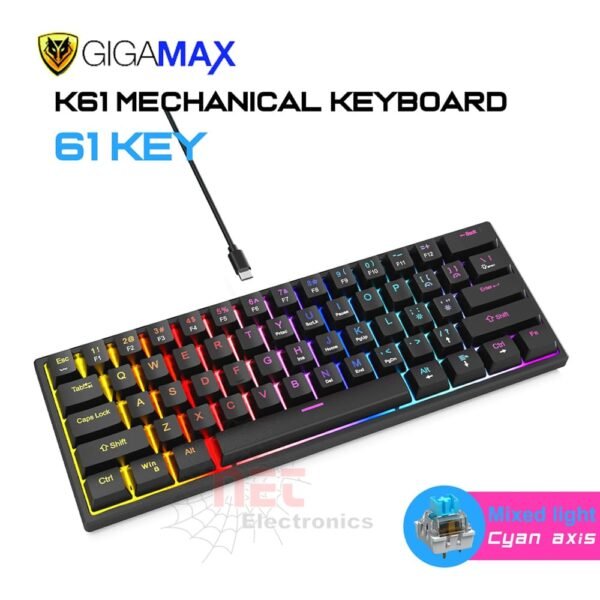 كيبورد ميني جيمنج ميكانيكال مضيء GIGAMAX GM800 بتصميم صغير الحجم مع إضاءة RGB ولوحات مفاتيح ميكانيكية مخصصة للألعاب الاحترافيةGIGAMAX GM800 mini mechanical gaming keyboard with RGB backlight, compact design, and mechanical switches for professional gaming performance