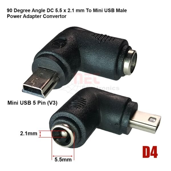 كونفرت جاك تحويل باور زاوية من 5.5-2.1 إلى Mini USB محول طاقة DC عملي لتوصيل الأجهزة الإلكترونية المختلفة بكفاءة عالية وتصميم زاوية لتسهيل الاستخدام وحماية الكابلات.DC angle power converter jack 5.5x2.1 to Mini USB adapter for efficient power connection between electronic devices with a right-angle design for cable protection and easy usage.