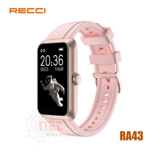 ساعة سمارت RECCI SMART WATCH RA45 بتصميم عصري أنيق وشاشة تعمل باللمس مع مميزات تتبع اللياقة البدنية ومعدل ضربات القلبRECCI SMART WATCH RA45 smartwatch with modern stylish design, touchscreen display, fitness tracking features, and heart rate monitoring
