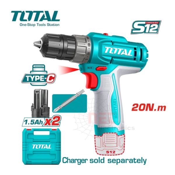 شنيور توتال 12V لاسلكي مع بطاريتين وظرف 10 ملم وقوة عزم 20 نيوتن متر من TOTALTOTAL 12V Cordless Drill with 2 Batteries, 10mm Chuck and 20Nm Torque
