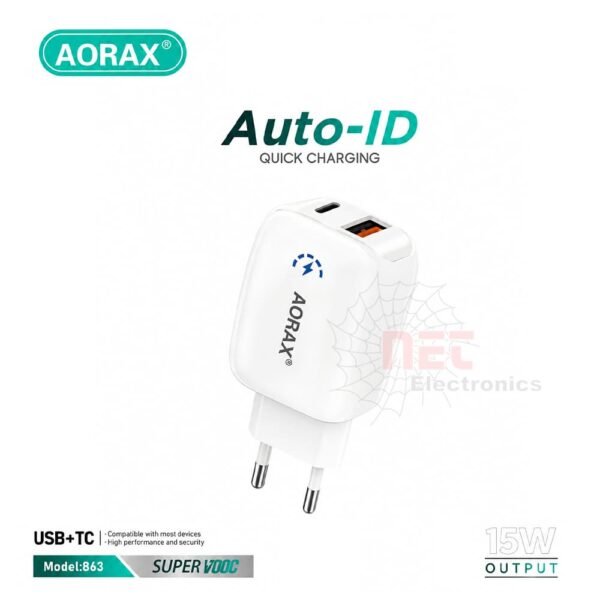 شاحن كامل 15W سوكتين USB+TC من AORAX باللون الأبيض الأنيق AORAX 15W Dual Port Charger USB and Type-C white color