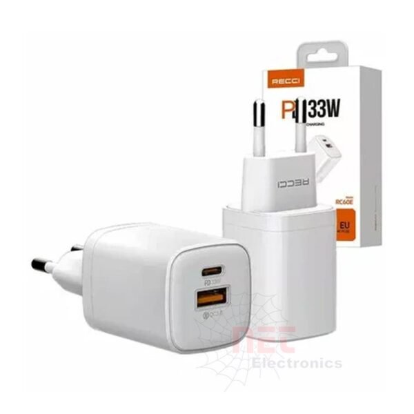 رأس شاحن 33W مخرجين USB + PD من RECCI - رأس شاحن 33W مخرجين USB و PD من ماركة RECCI باللون الأبيض RECCI 33W Dual Port USB and PD Fast Wall Charger